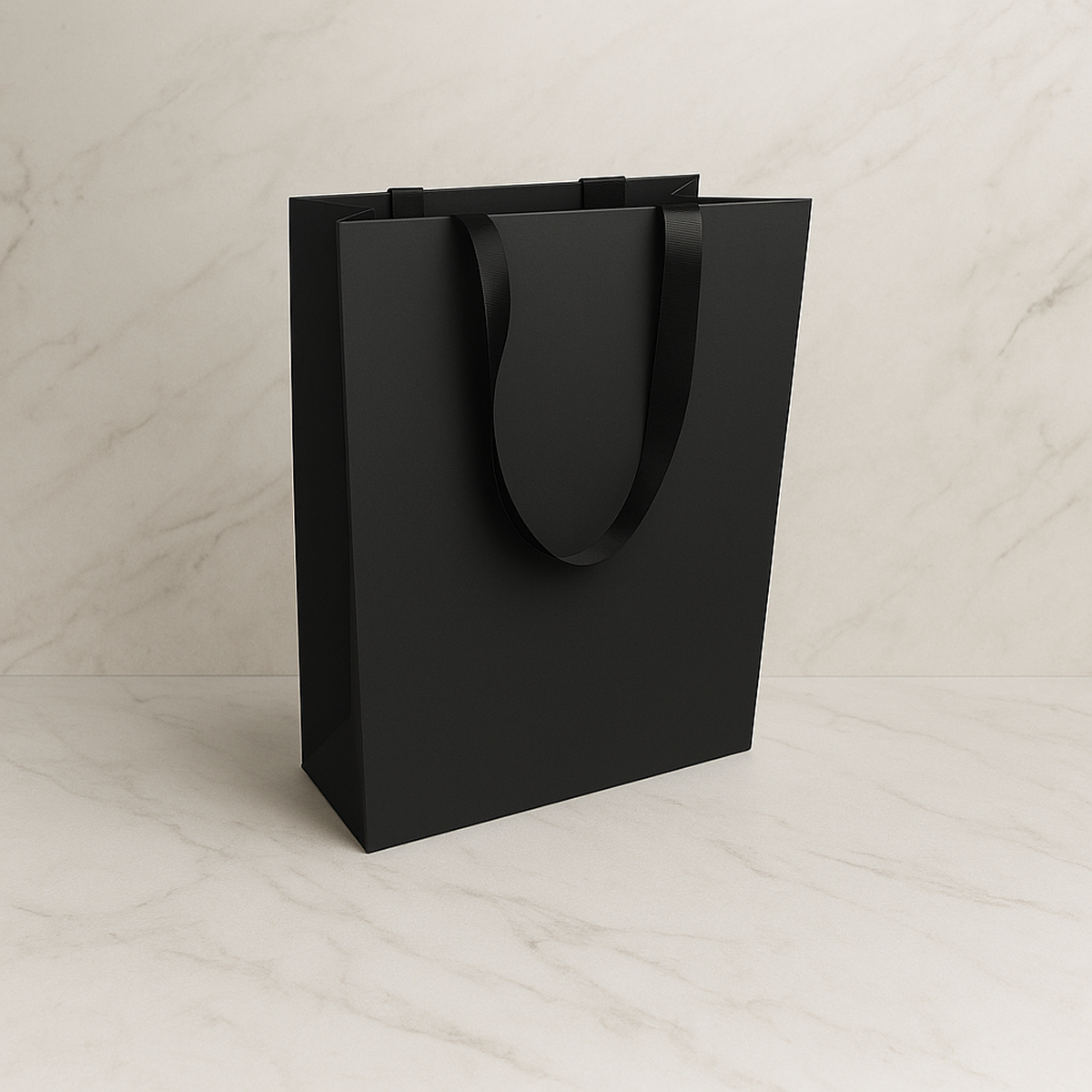 FB1053BK | 100pcs Debbie 10x5x13 inches Black Laminated Contour Luxe Paper Gift Bag, Double-sides Smooth Finish, Black Ribbon Handles; U$1.24/pc