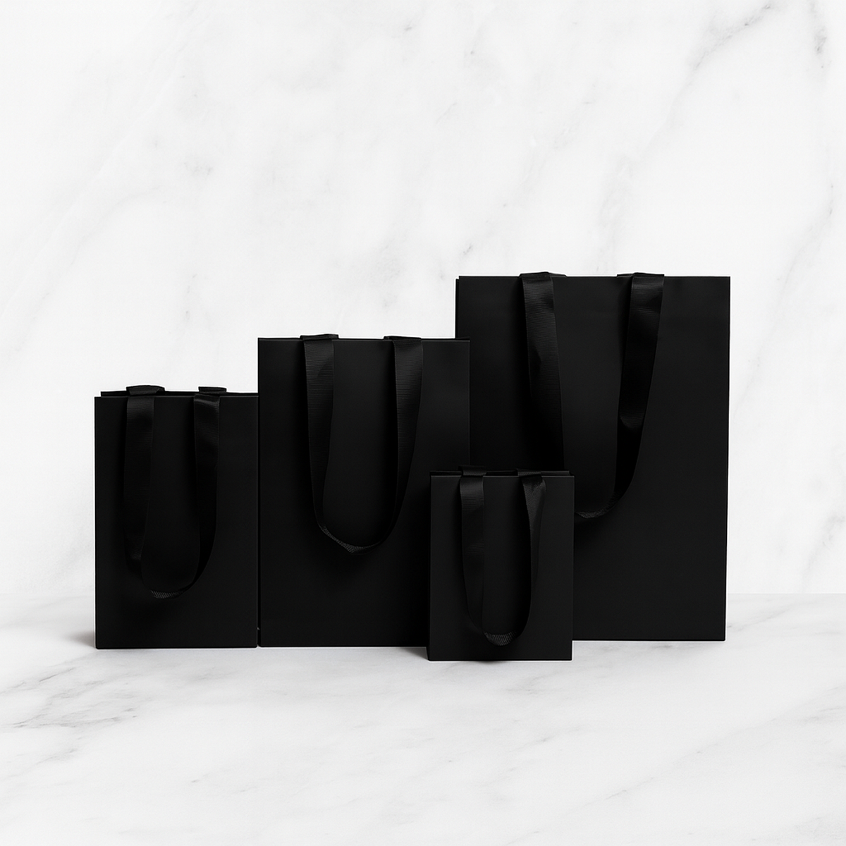 FB5358BK | 200pcs Gem 5x3x8 inches Black Laminated Contour Luxe Paper Gift Bag, Double-sides Smooth Finish, Black Ribbon Handles; U$0.82/pc