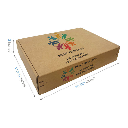 Custom Kraft Literature Corrugated Paper Mailer Boxes Self-Seal Tape - 15.125" x 11.125" x 3" - Bundle of 40 - KIS PAPER - 11280; Full Color Custom Print, Printed in Canada; From $2.592/pc