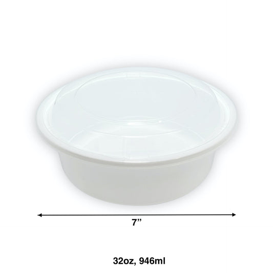 KIS-R32G | 150sets 32oz, 946ml White PP Round 7" Container with Clear Lids Combo; $0.192/set