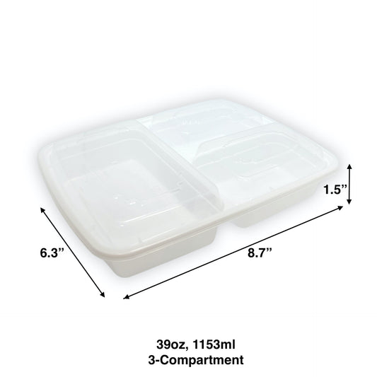 KIS-KY339G | 150sets 39oz, 1153ml 3-Compartment White PP Rectangle Container with Clear Lids Combo; $0.265/set