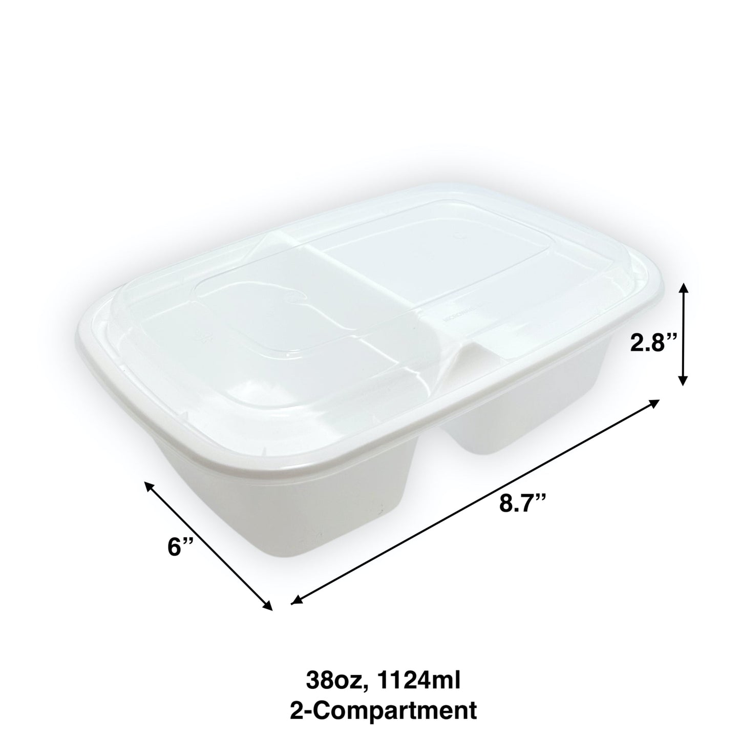 KIS-KY238G | 150sets 38oz, 1124ml 2-Compartment White PP Rectangle Container with Clear Lids Combo; $0.216/set