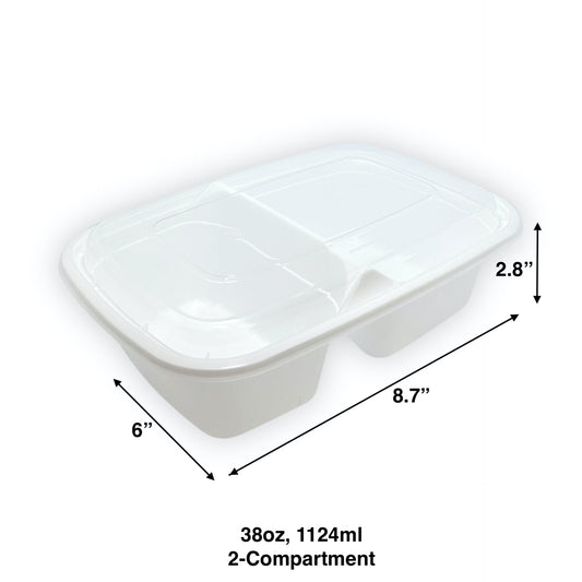 KIS-KY238G | 150sets 38oz, 1124ml 2-Compartment White PP Rectangle Container with Clear Lids Combo; $0.216/set
