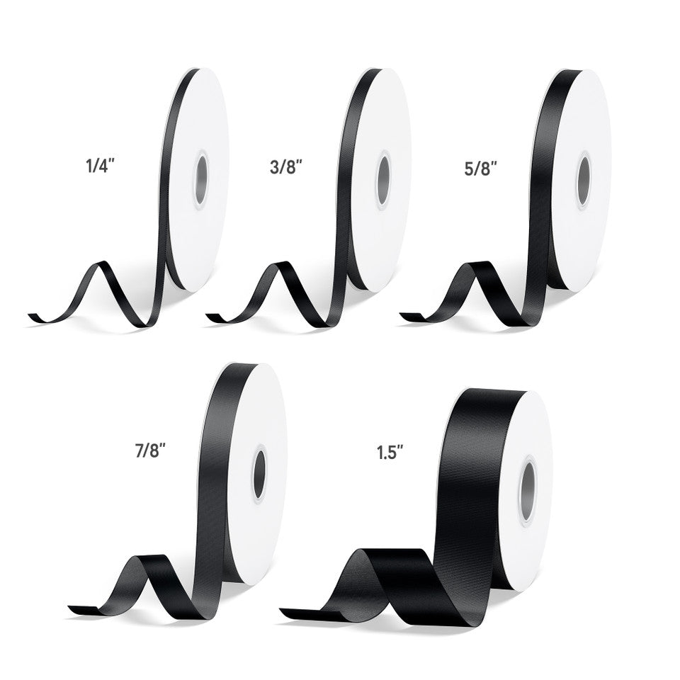 1pcs Black Solid Single Face Satin Ribbon; 5 Sizes