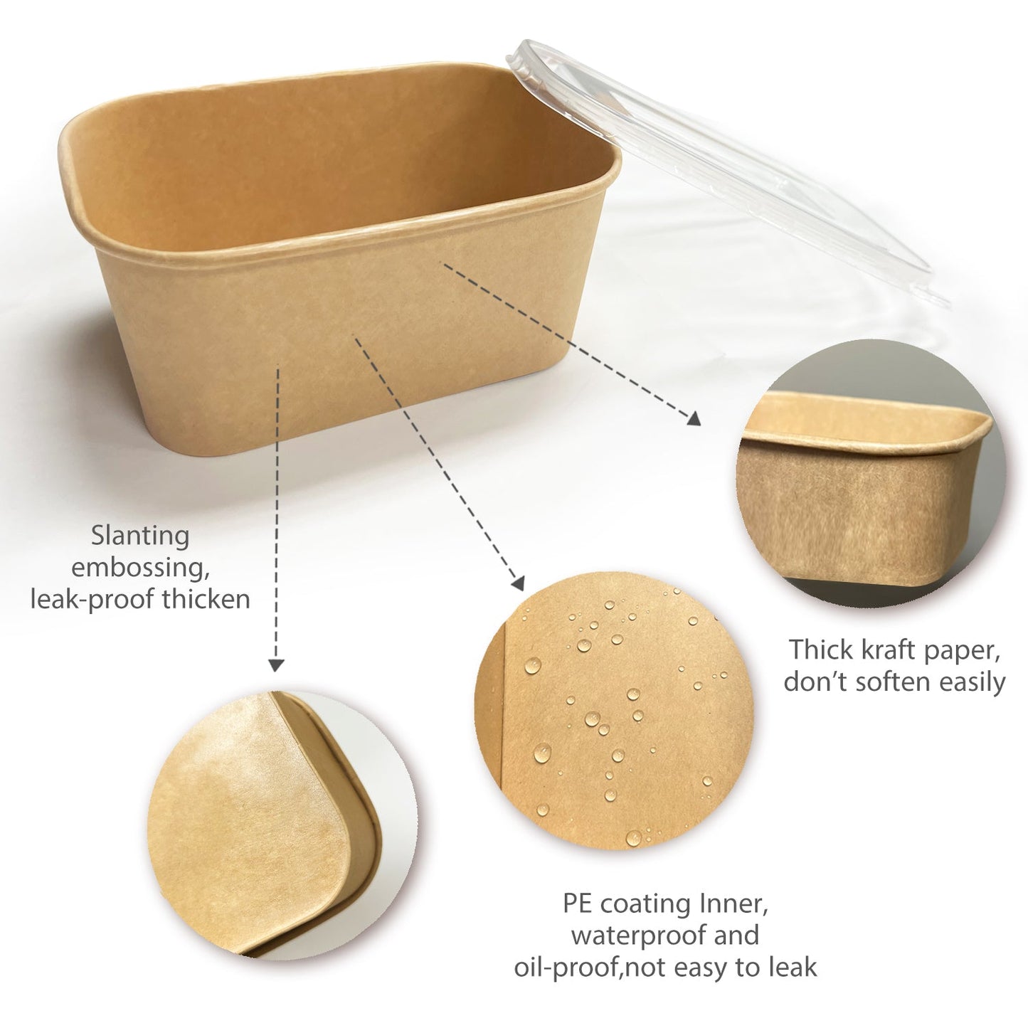 50 Sets/300 Sets, 34oz, 1000ml, Kraft Paper Rectangle Containers, with PP Lids