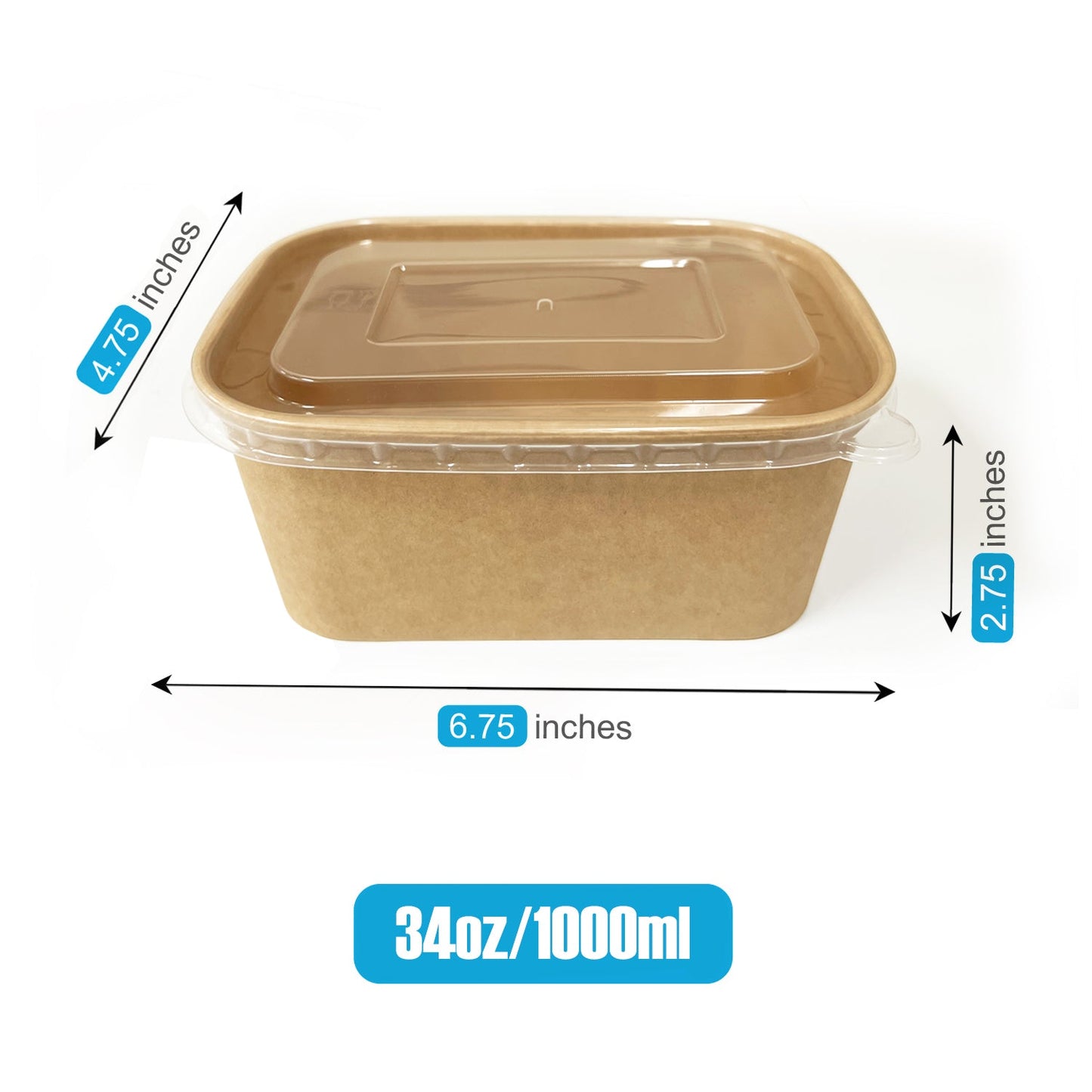 50 Sets/300 Sets, 34oz, 1000ml, Kraft Paper Rectangle Containers, with PP Lids