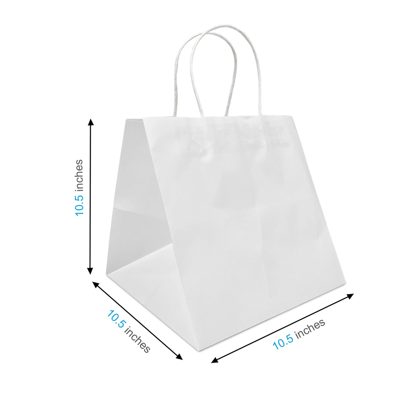 250 Pcs, Cube,  10.5x10.5x10.5 inches, White Paper Bags, with Twisted Handle