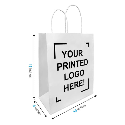 Custom Print Debbie 10x5x13 White Kraft Paper Bags with Handles; $2.425/pc, 50pcs/bundle, One Side Full Color Printed in North America