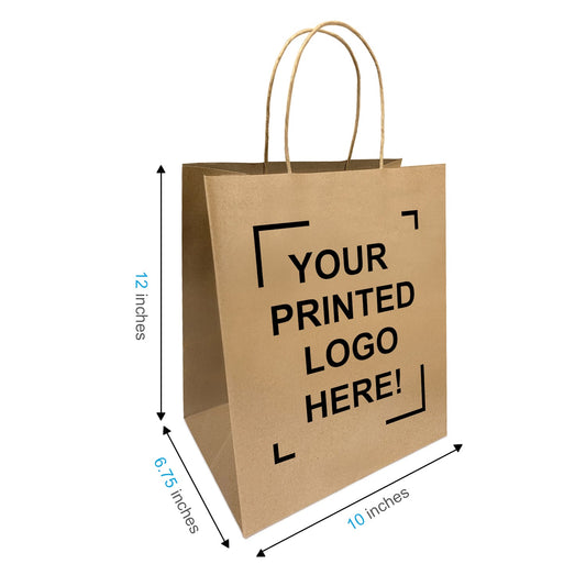 250 Pcs, Bistro, 10x6.75x12 inches, Kraft Paper Bags, with Twisted Handle, Full Color Custom Print