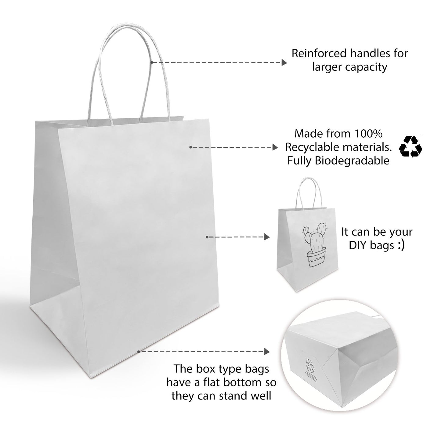 250 Pcs, Bistro, 10x6.75x12 inches, White Paper Bags, with Twisted Handle