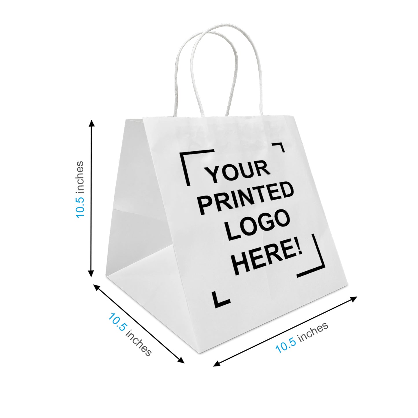 250 Pcs, Cube, 10.5x10.5x10.5 inches, White Paper Bags, with Twisted Handle, Full Color Custom Print