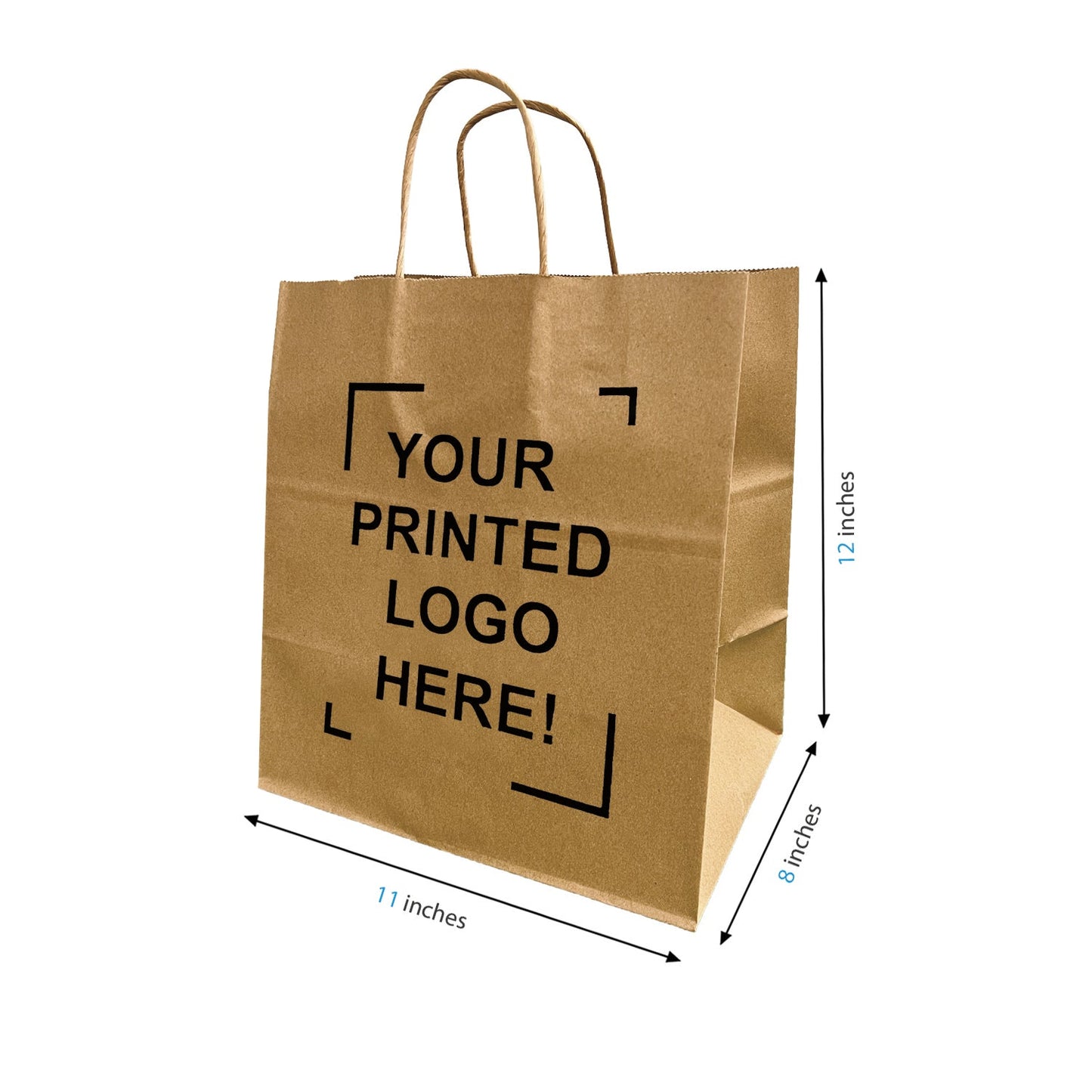 200pcs, Bento 11x8x12 inches Kraft Paper Bags Cardboard Insert Twisted Handles; Full Color Custom Print, Printed in Canada