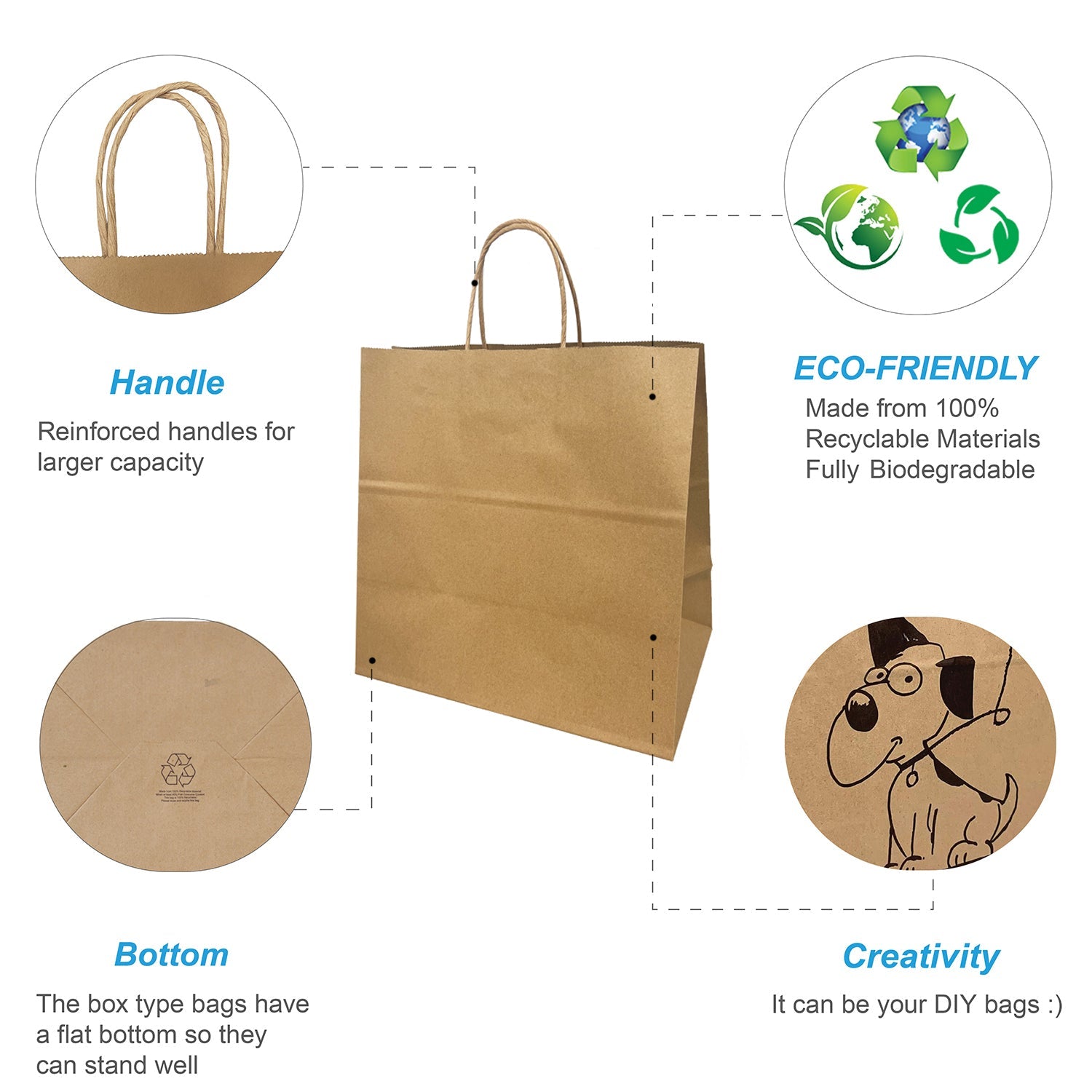 250 Pcs, Pluto, 12x7x12 inches, Kraft Paper Bags, with Twisted Handle
