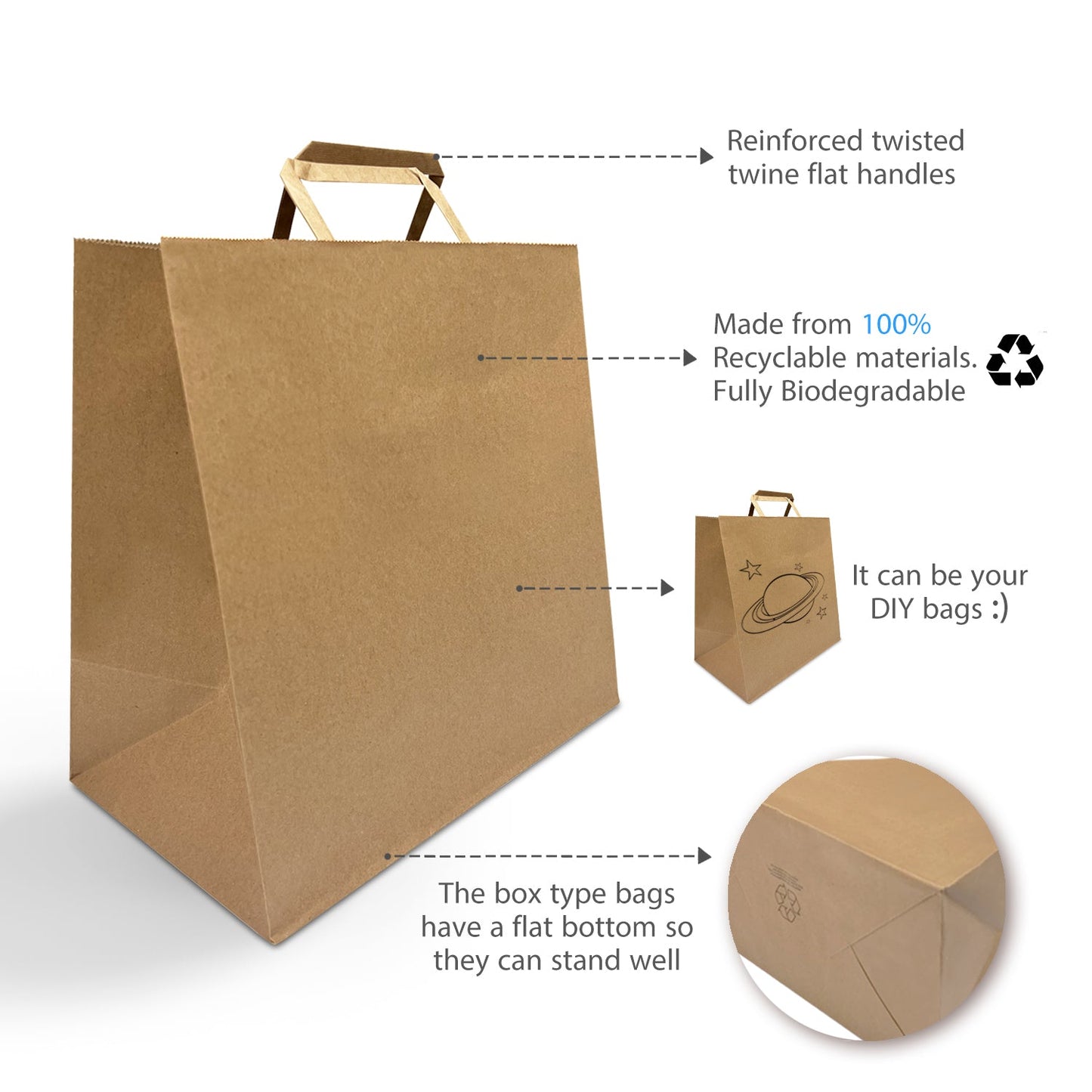 300 Pcs, Pluto,  12x7x12 inches, Kraft Paper Bags, with Flat Handle