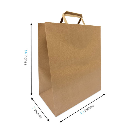 300 Pcs, Winnie,  12x7x14 inches, White Kraft Paper Bags, with Flat handle