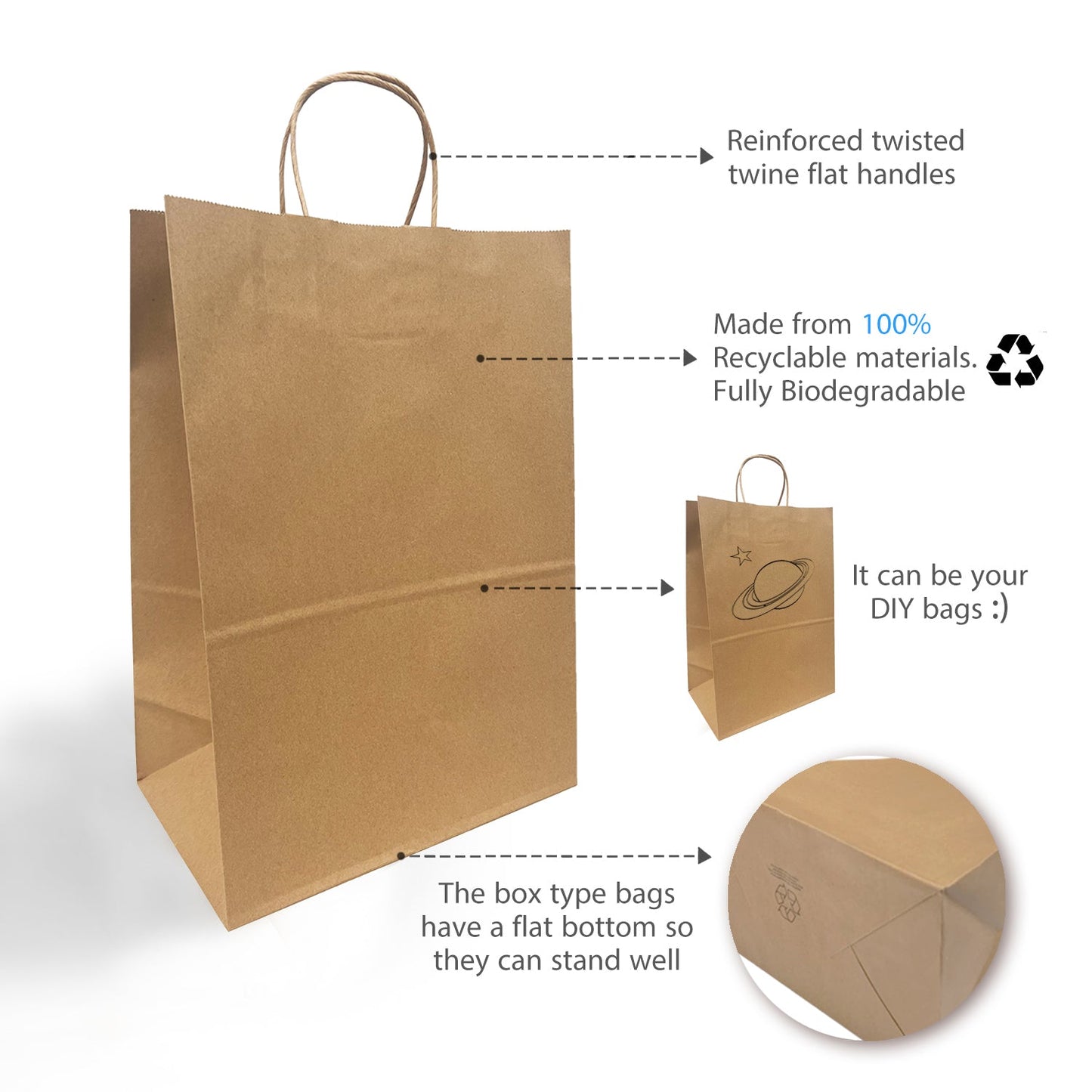 250 Pcs, Simba, 12x7x14 inches, Kraft Paper Bags, with Twisted Handle