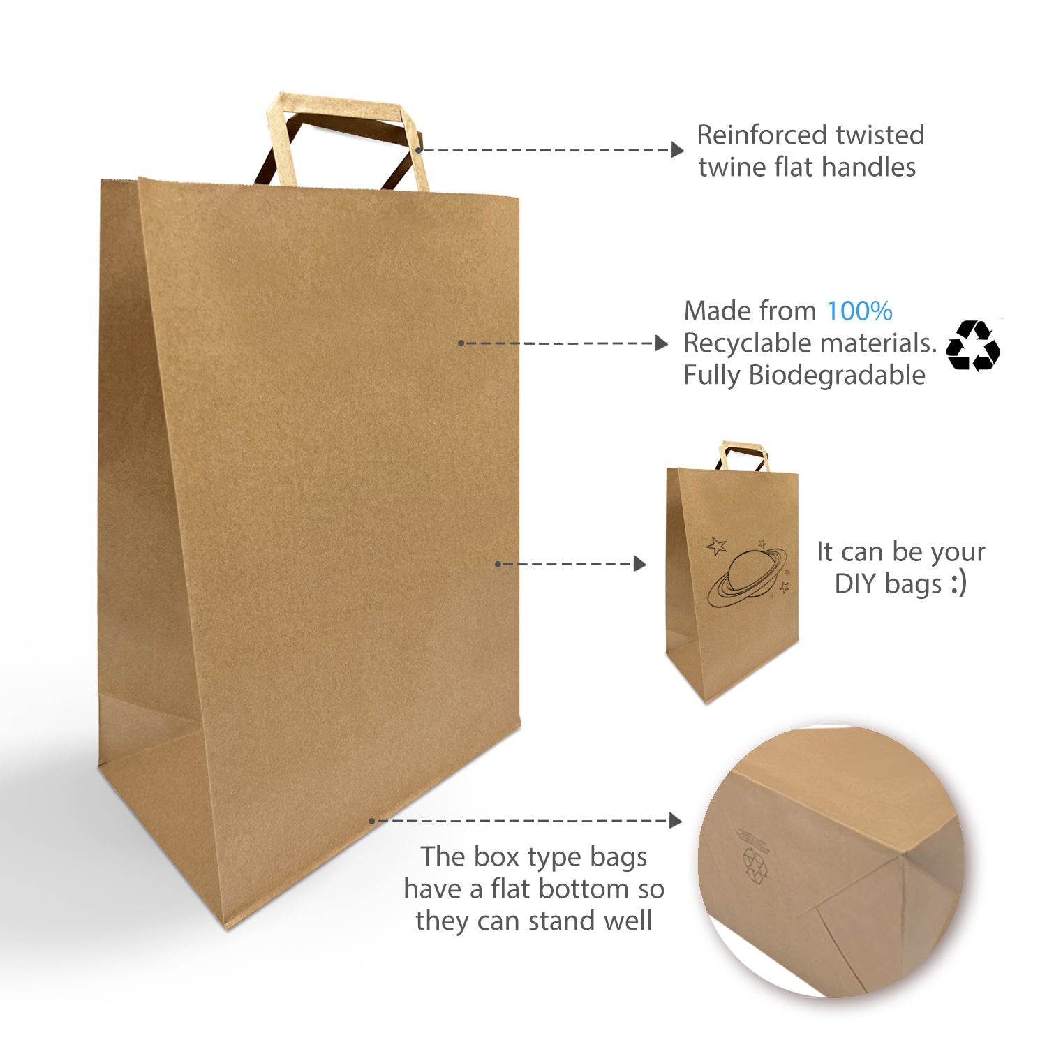 300 Pcs, Simba,  12x7x17 inches, Kraft Paper Bags, with Flat Handle