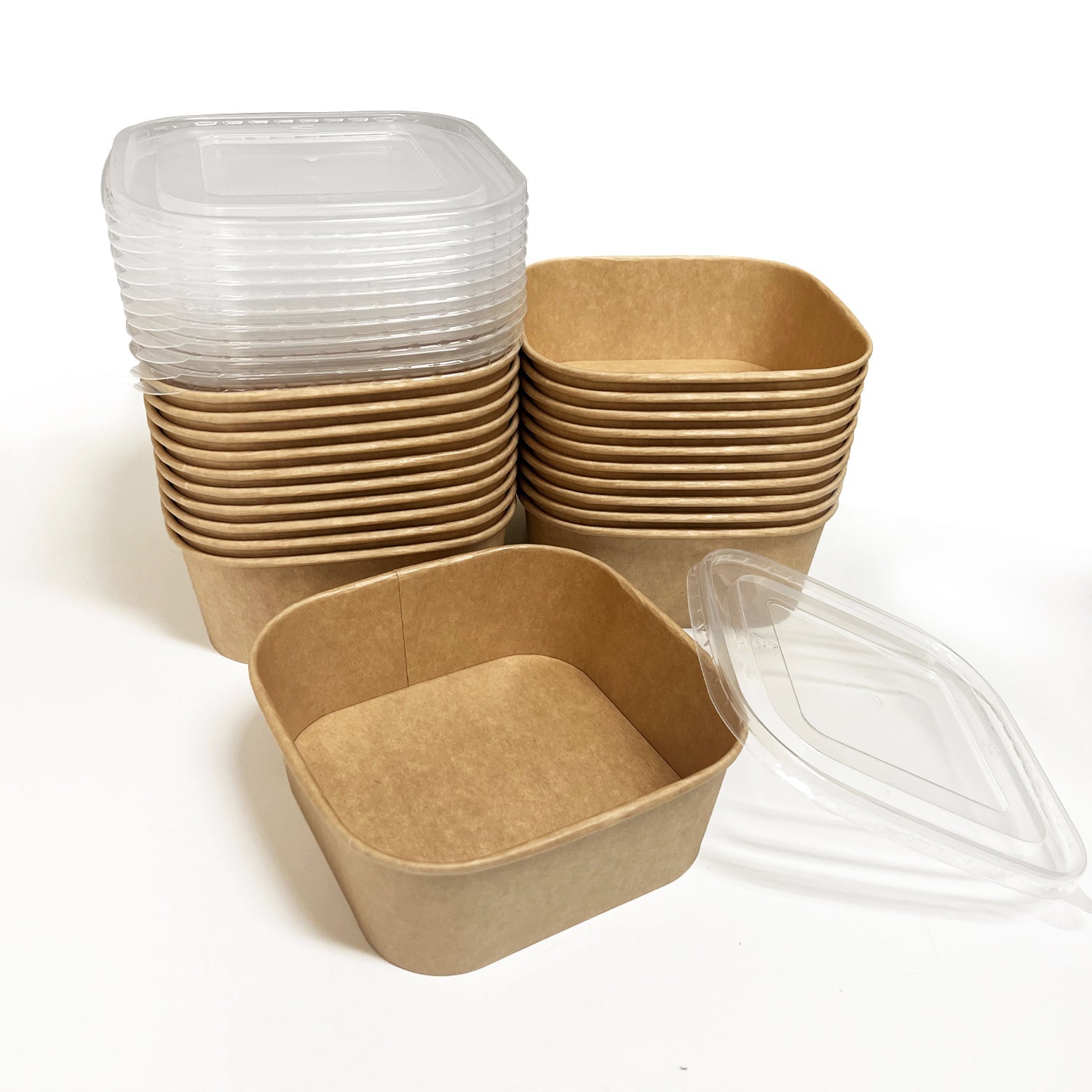 50 Sets/300 Sets, 44oz, 1300ml, Kraft Paper Square Containers, with PP Lids