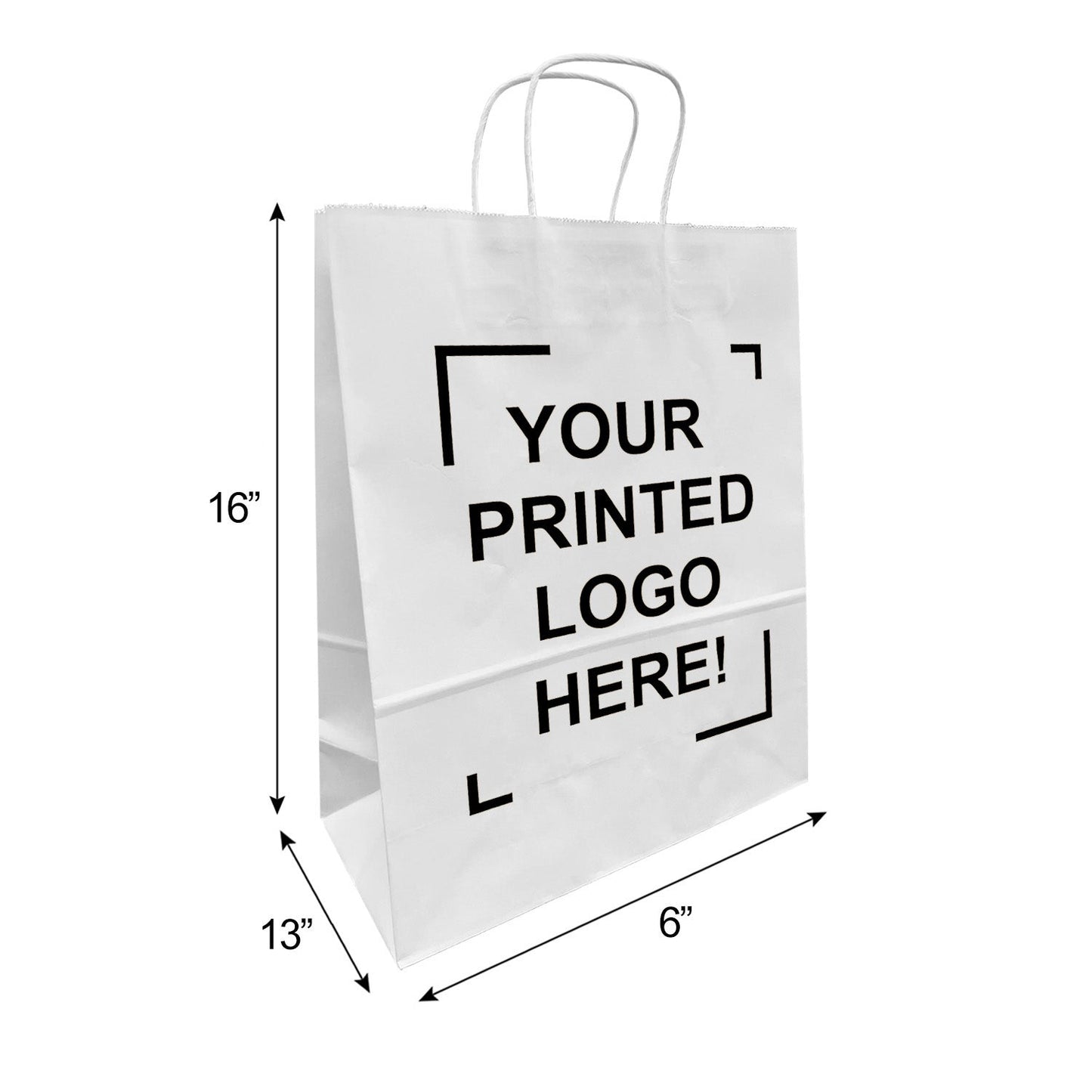 250 Pcs, Traveler, 13x6x16 inches, White Paper Bags, with Twisted Handle, Full Color Custom Print