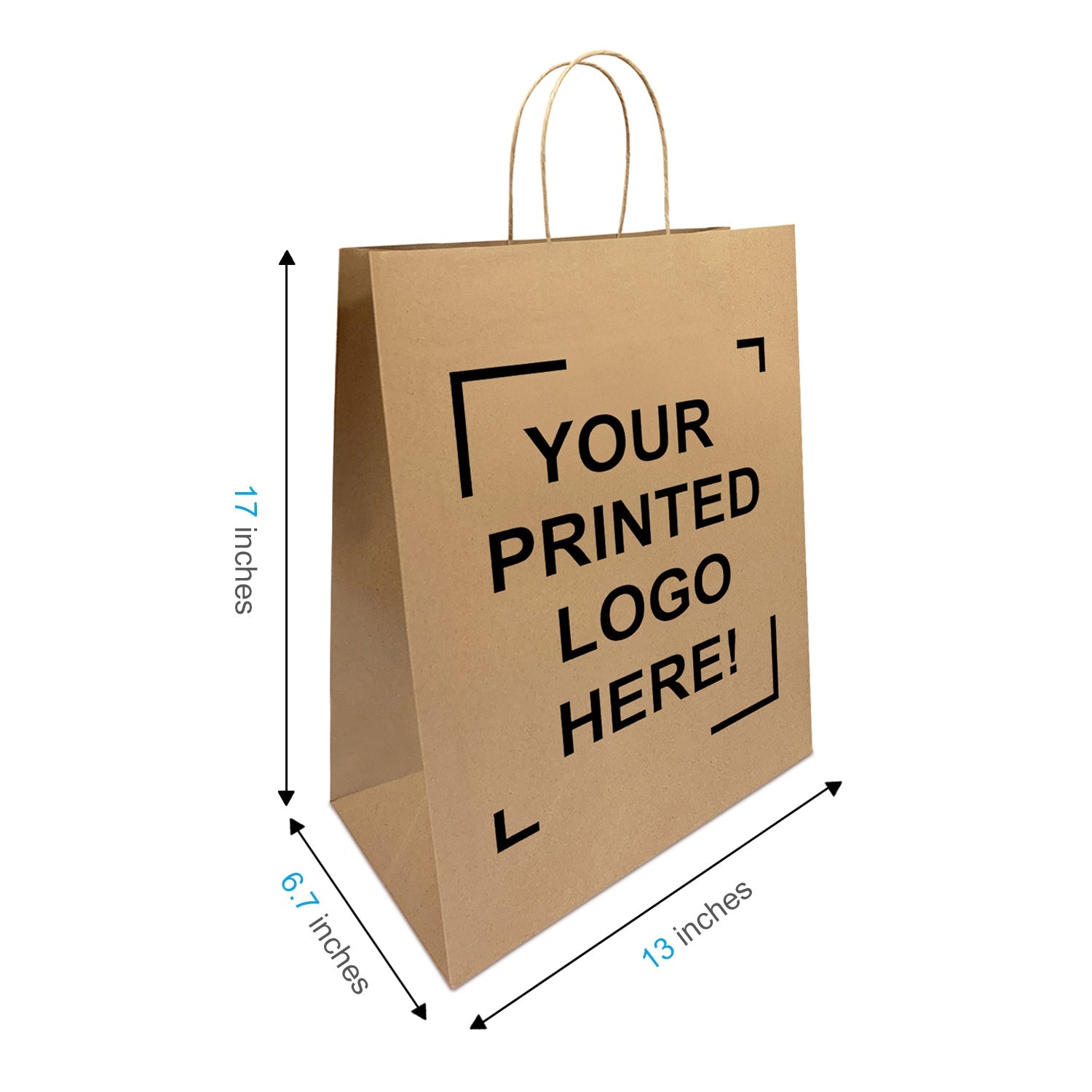250 Pcs, Mart, 13x6.7x17 inches, Kraft Paper Bags, with Twisted Handle, Full Color Custom Print