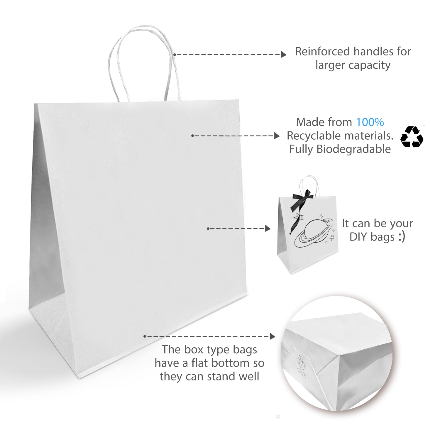 250 Pcs, Star, 13x7x13 inches, White Paper Bags, with Twisted Handle