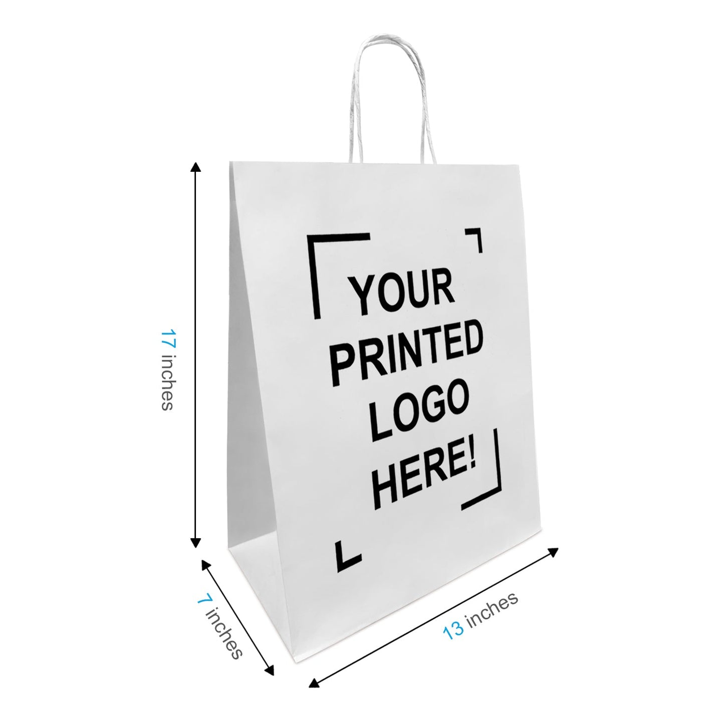 250 Pcs, Mart, 13x7x17 inches, White Paper Bags, with Twisted Handle, Full Color Custom Print