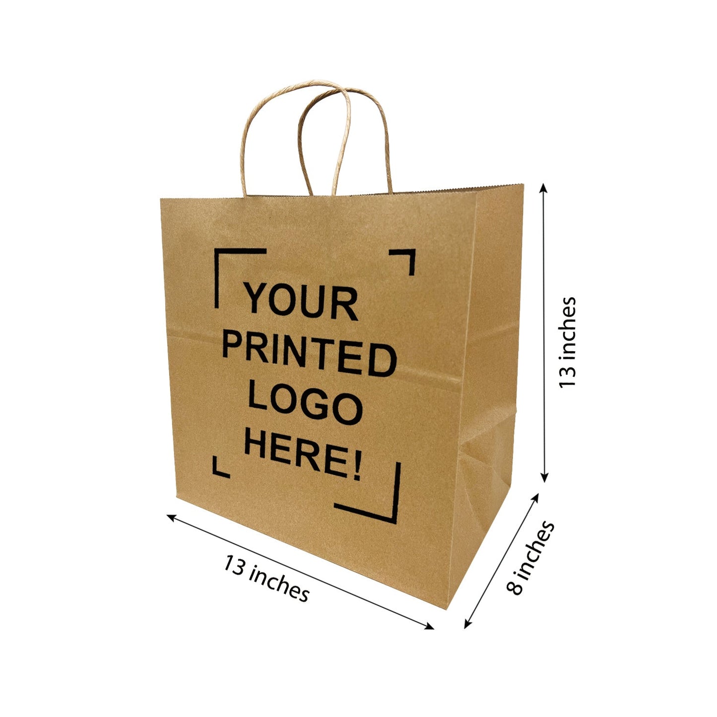 200pcs, Take Out 13x8x13 inches Kraft Paper Bags Cardboard Insert Twisted Handles; Full Color Custom Print, Printed in Canada