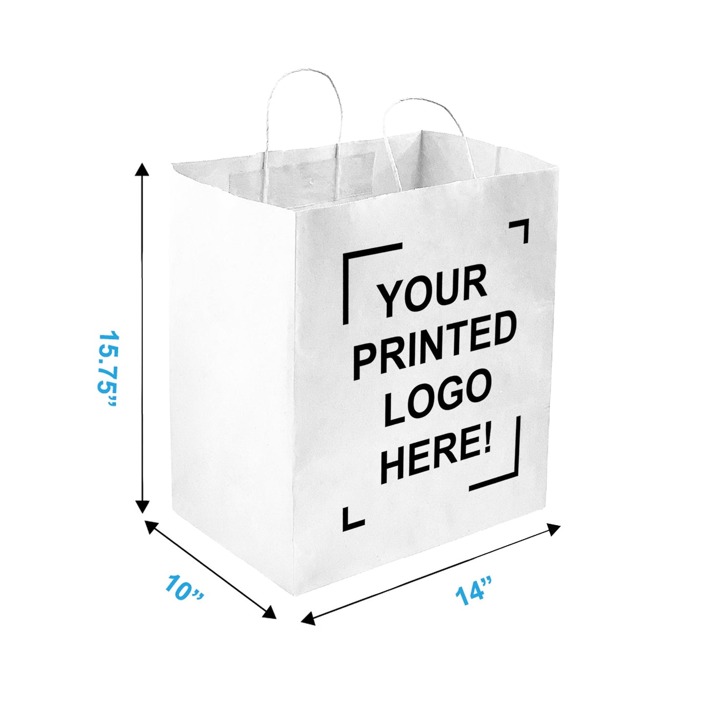 200 Pcs, Super Royal, 14x10x15.75 inches, White Paper Bags, with Twisted Handle, Full Color Custom Print