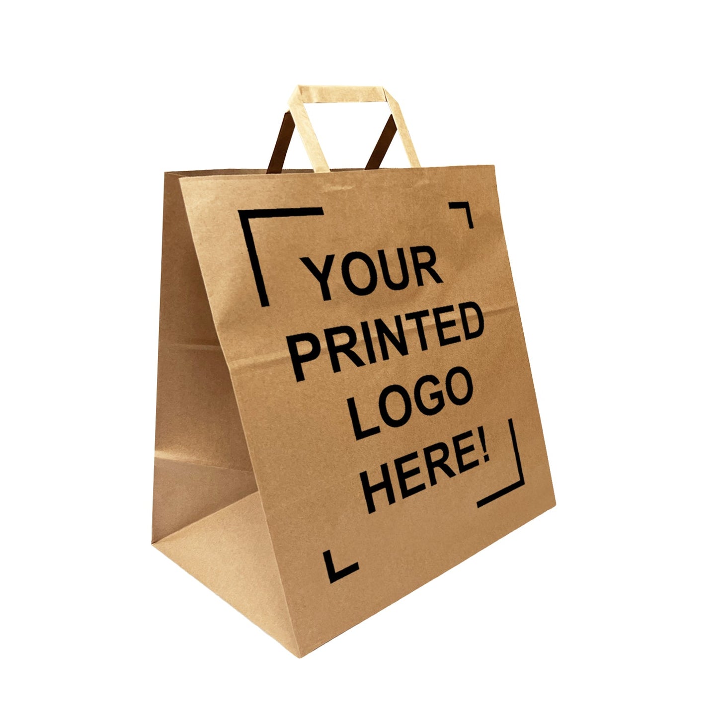 Custom Print Super Royal 14x10x15.75 inches Kraft Paper Bags Flat Handles; $3.75/pc, 50pcs/bundle, One Side Full Color Printed in North America