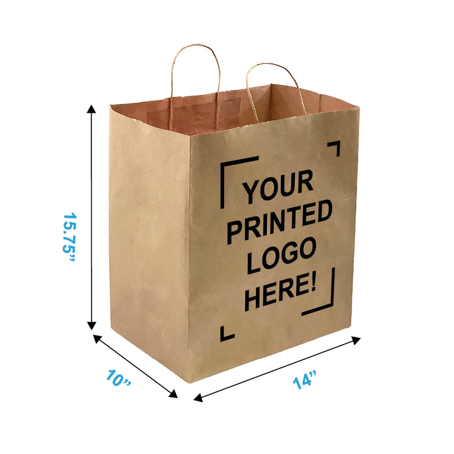 Custom Print Super Royal 14x10x15.75 inches Kraft Paper Bags Twisted Handles; $3.75/pc, 50pcs/bundle, One Side Full Color Printed in North America