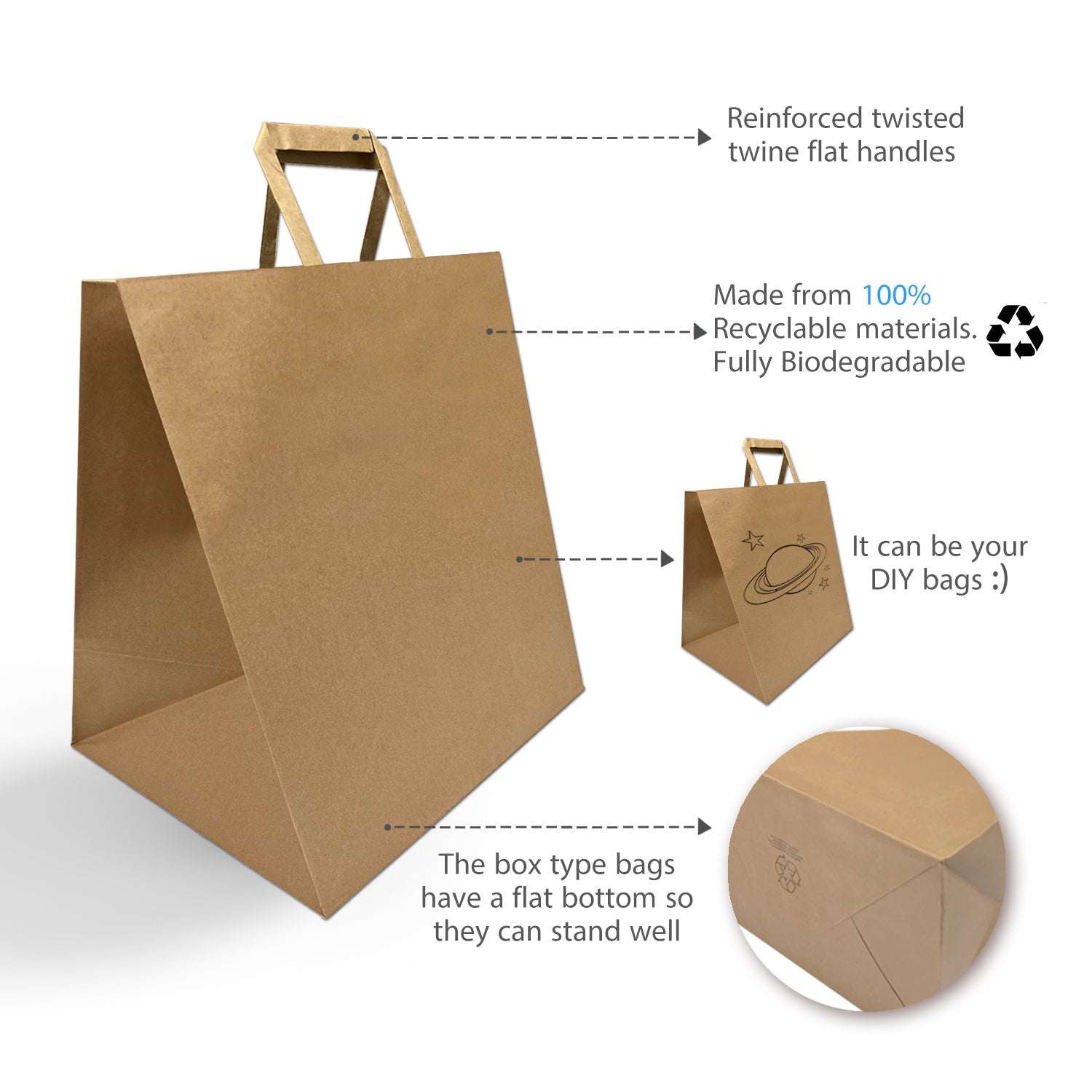 250 Pcs, Super Royal, 14x10x15.75 inches, Kraft Paper Bags, with Flat Handle