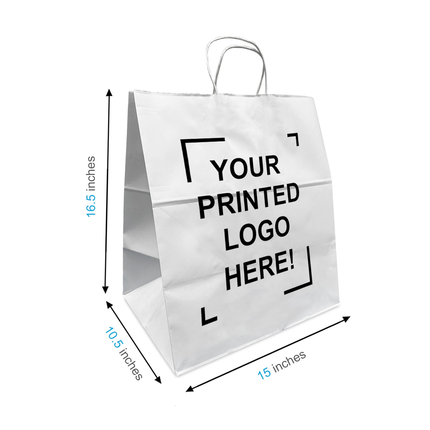 200 Pcs, Dumbo, 15x10.5x16.5 inches, White Paper Bags, with Twisted Handle, Full Color Custom Print