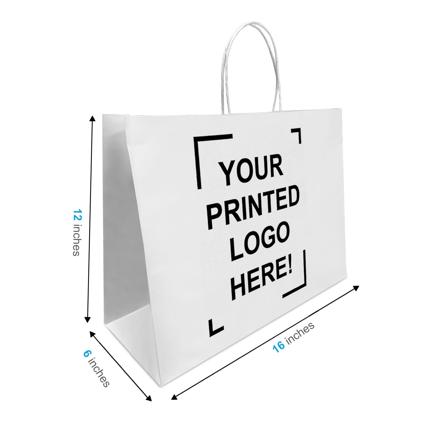 250 Pcs, Vogue, 16x6x12 inches, White Paper Bags, with Twisted Handle, Full Color Custom Print