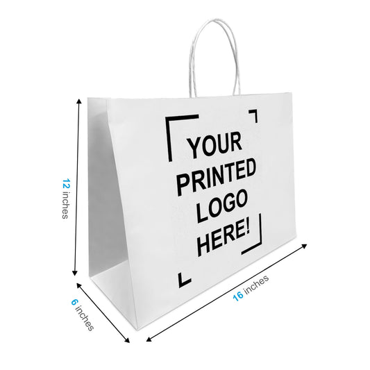 250 Pcs, Vogue, 16x6x12 inches, White Paper Bags, with Twisted Handle, Full Color Custom Print