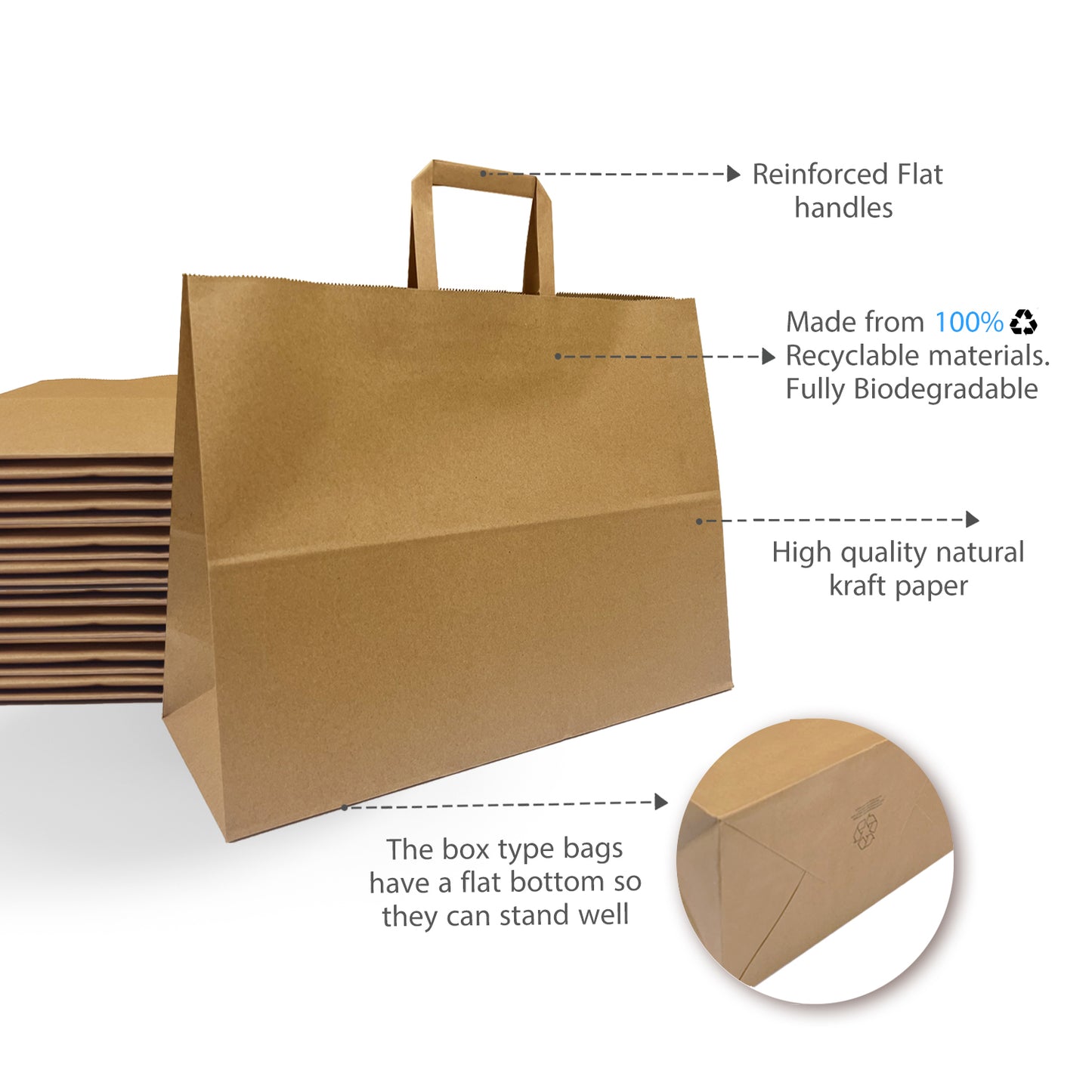300 Pcs, Vogue,  16x6x12 inches, Kraft Paper Bags, with Flat handle
