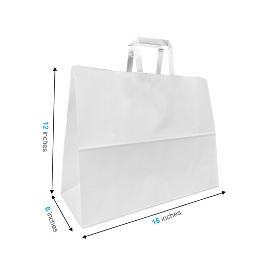300 Pcs, Vogue,  16x6x12 inches, White Kraft Paper Bags, with Flat handle