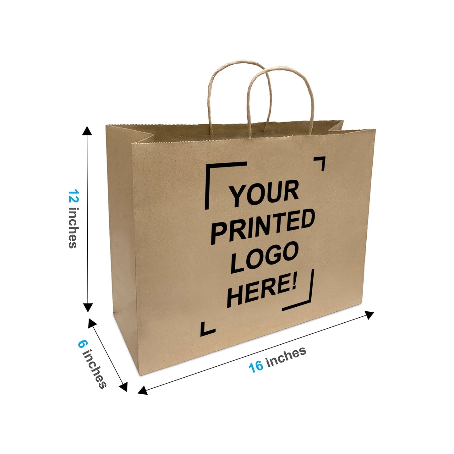 250pcs 2 Sides Custom Print Vogue 16x6x12 inches Kraft Paper Bags Twisted Handles; $0.96/pc, Full Color Printed in North America