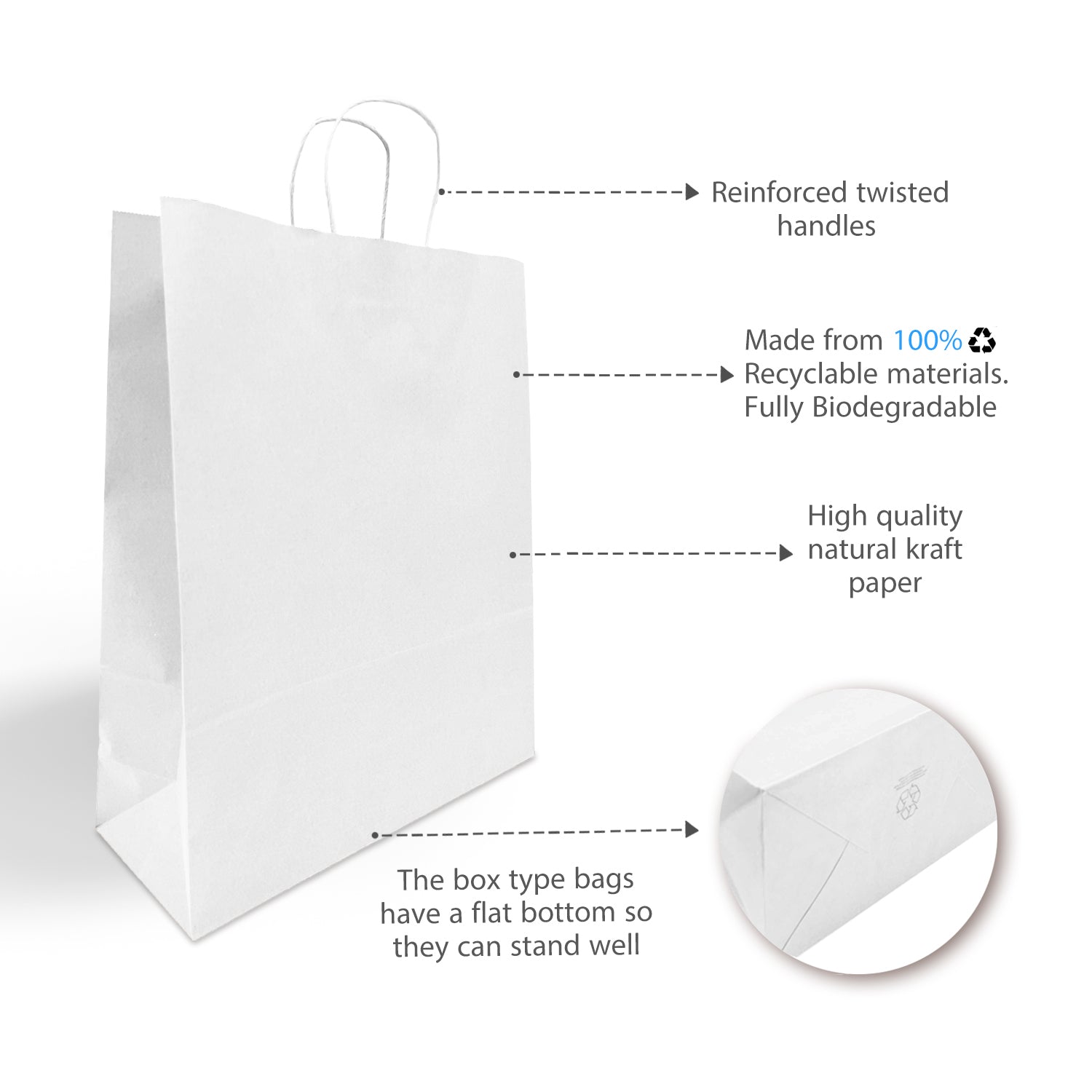 200 Pcs, Queen,  16x6x19.25 inches, White Paper Bags, with Twisted Handle
