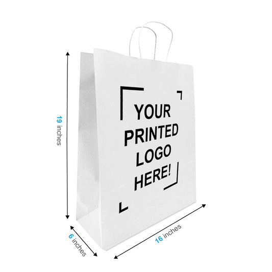 200 Pcs, Queen, 16x6x19.25 inches, White Paper Bags, with Twisted Handle, Full Color Custom Print