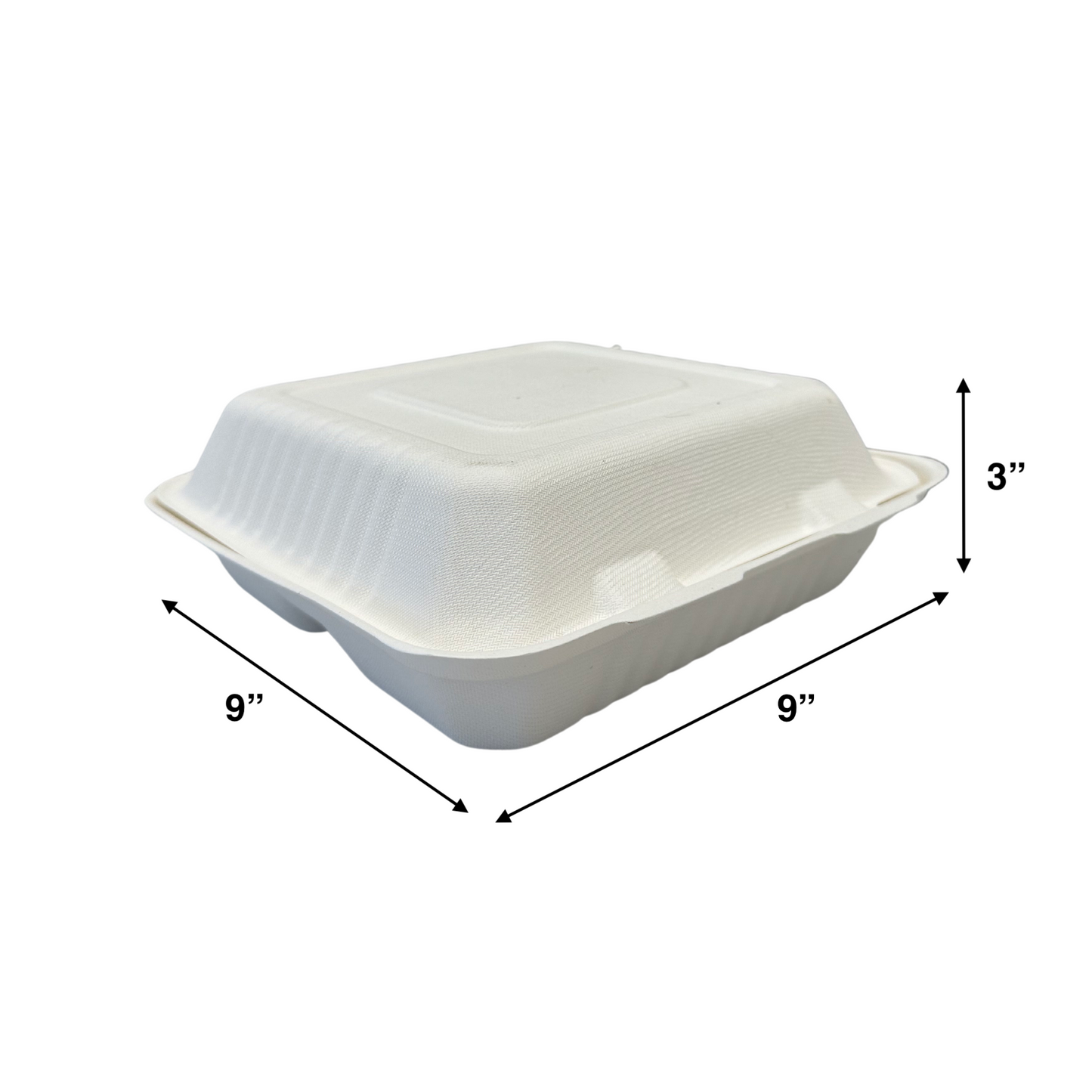 KIS-S9933 | 9x9x3 inches, 3-Compartment, Sugarcane Clamshell Food Container; $0.277/pc