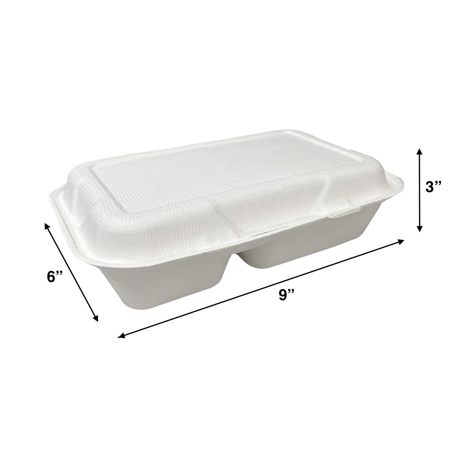 Bagasse Clamshell Containers 2 Compartments - 9" x 6" x 3" - Carton of 250 - KIS PAPER - 11129; $0.211/pc