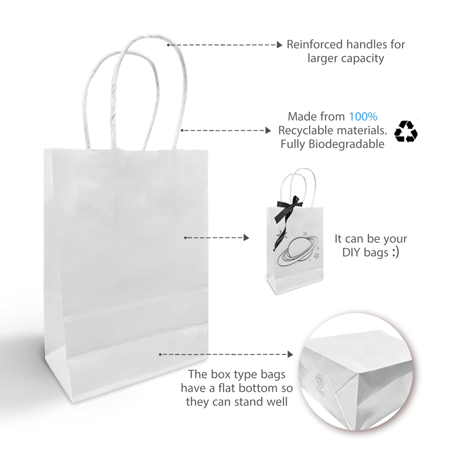 250 Pcs, Gem,  5.3x3.5x8.5 inches, White Paper Bags, with Flat Handle