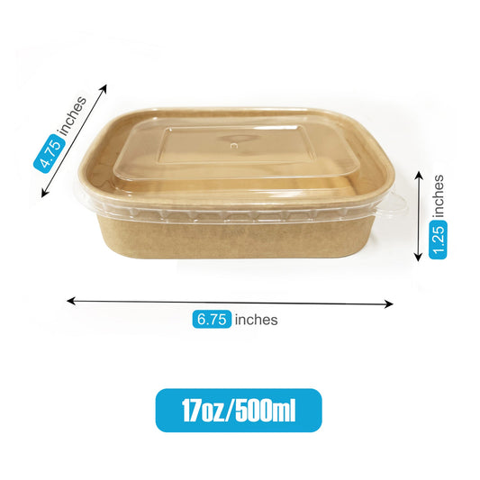 50 Sets/300 Sets, 17oz, 500ml, Kraft Paper Rectangle Containers, with PP Lids