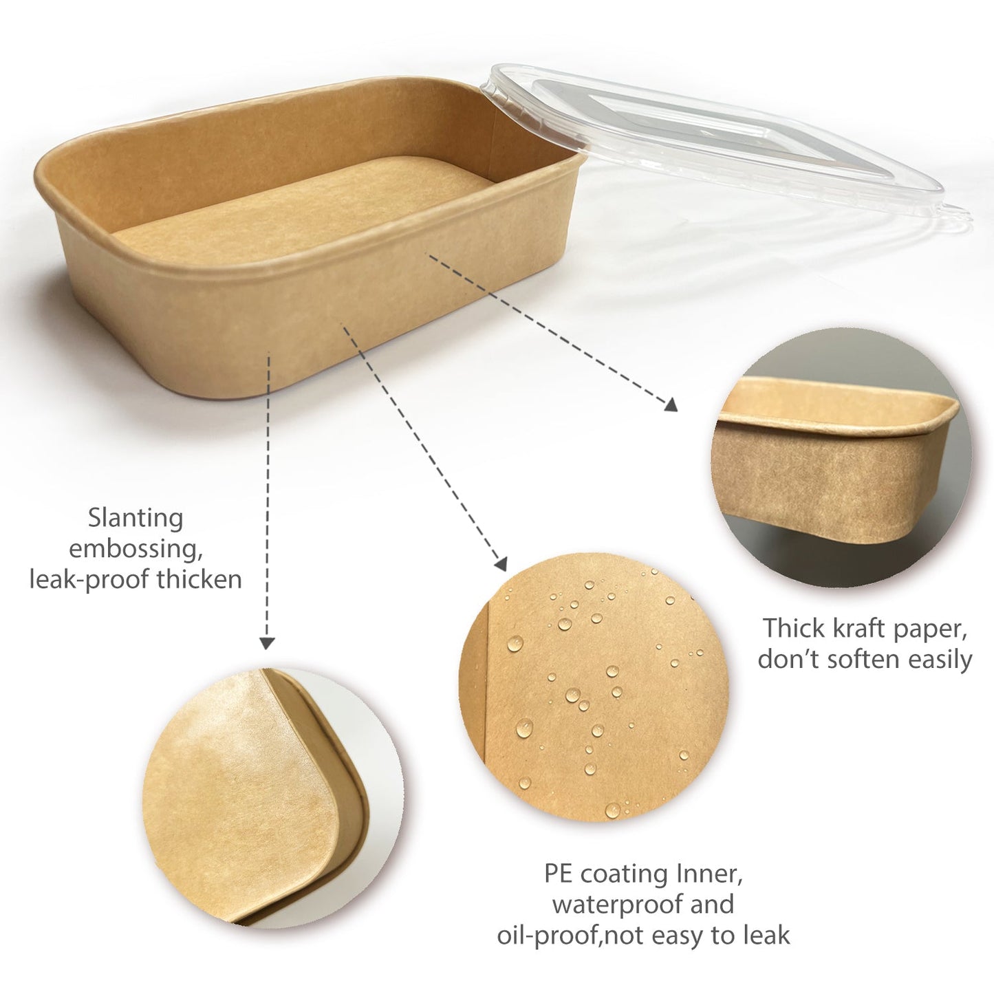 50 Sets/300 Sets, 17oz, 500ml, Kraft Paper Rectangle Containers, with PP Lids