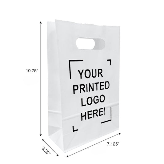 250pcs, Snack, 7 1/8x3 1/4x10 3/4 inches, White Paper Bags, with Die Cut Handles, Custom Print