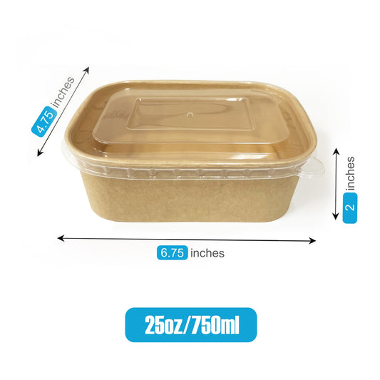 50 Sets/300 Sets, 25oz, 750ml, Kraft Paper Rectangle Containers, with PP Lids