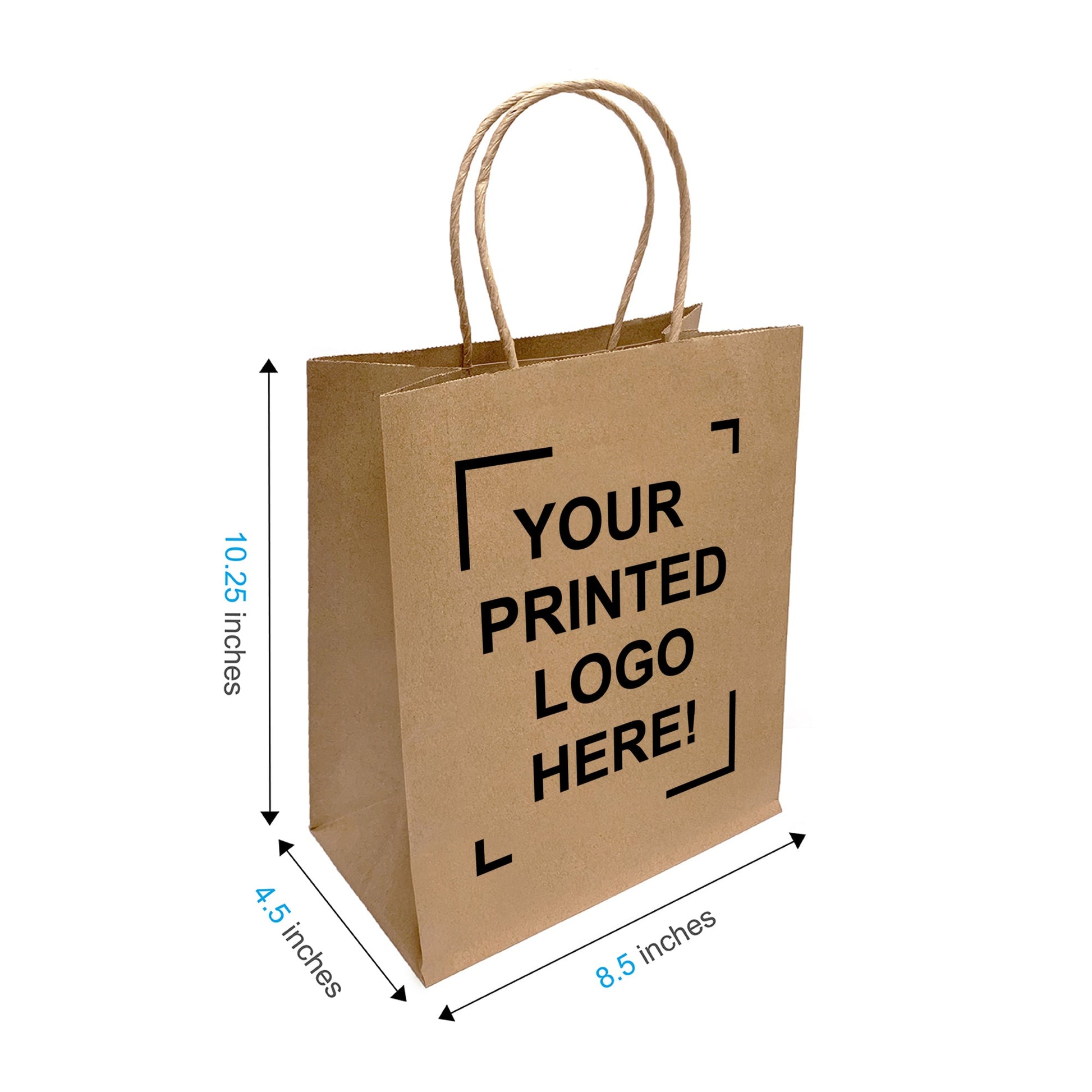 250 Pcs, Cub, 8.5x4.5x10.25 inches, Kraft Paper Bags, with Twisted Handle, Full Color Custom Print