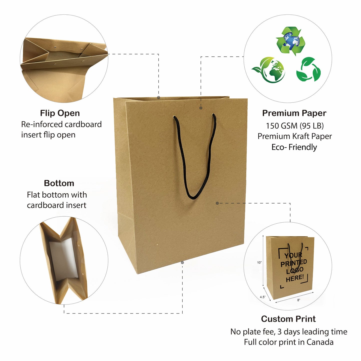 150 Pcs, Cub,  8x4.75x10.25 inches, Euro Tote Paper Bags, with Rope Handle