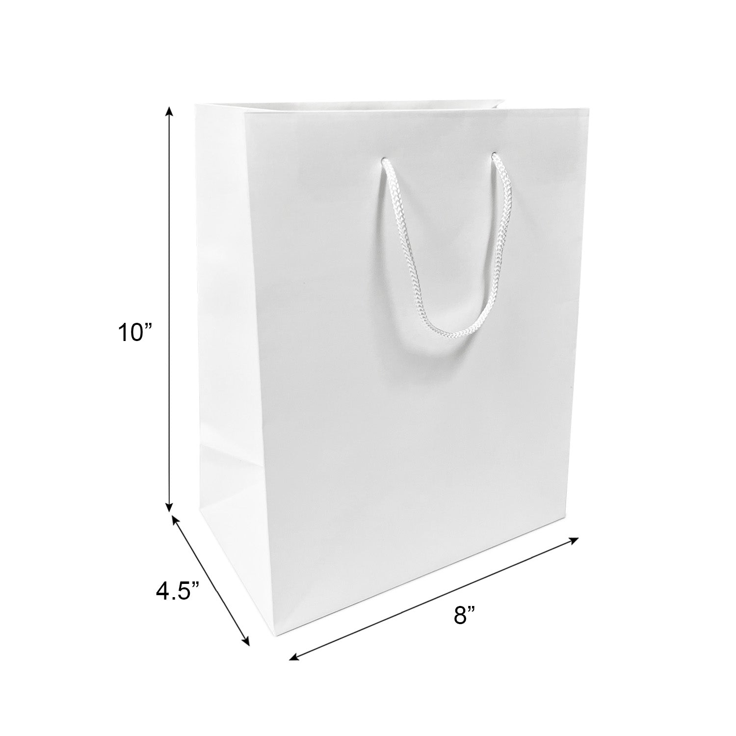 150 Pcs, Cub,  8x4.75x10.25 inches, White Euro Tote Paper Bags, with Rope Handle