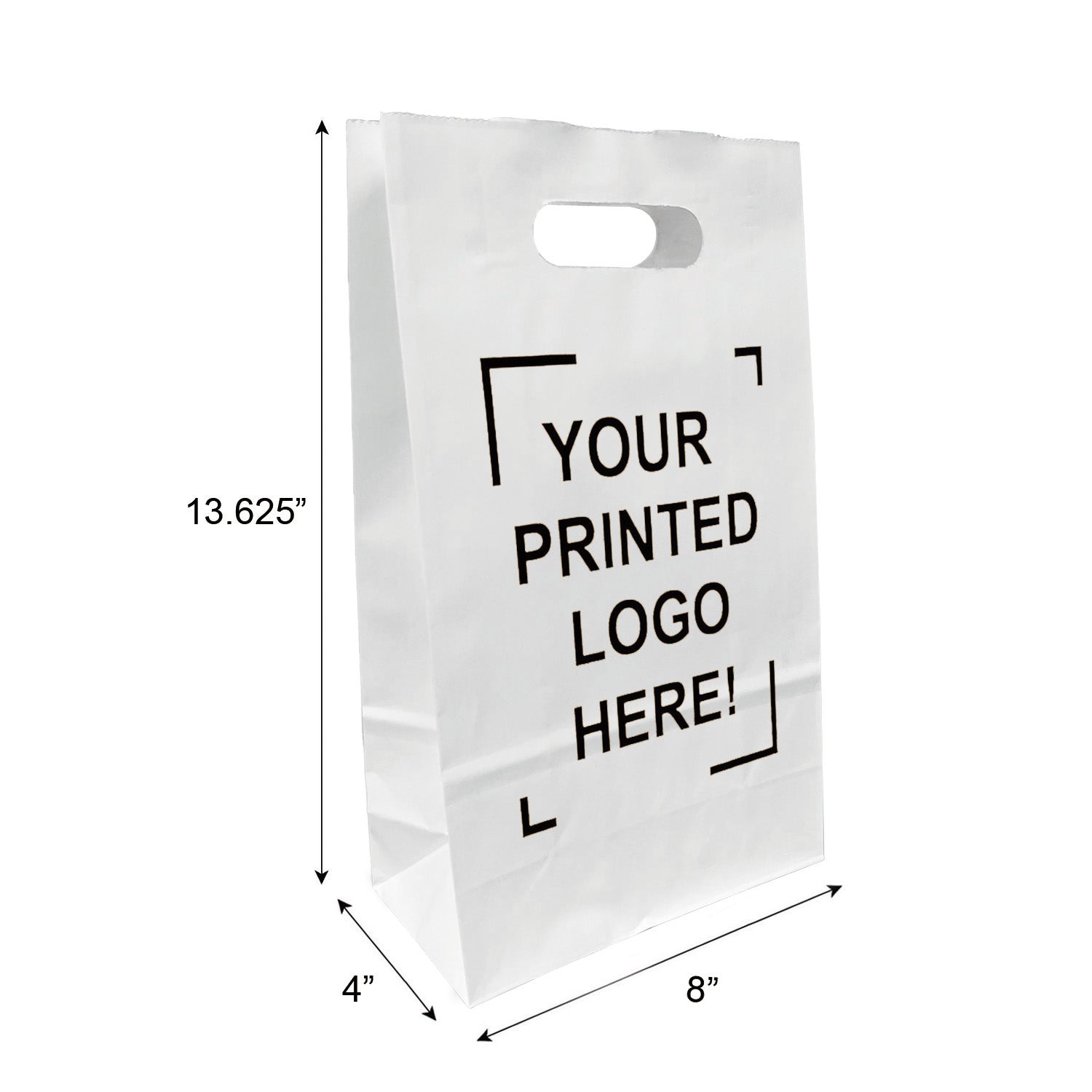 250pcs, Pub, 8x4x13 5/8 inches, White Paper Bags, with Die Cut Handles, Custom Print